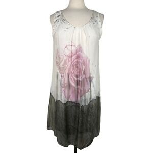 Women's Floral Silk Chiffon Overlay Tunic Dress M White Gray Pink Sleeveless